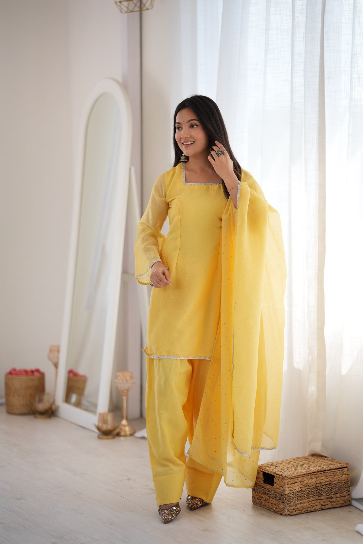 Sunita Yellow Crunchy Silk Embellished Salwar Suit Set