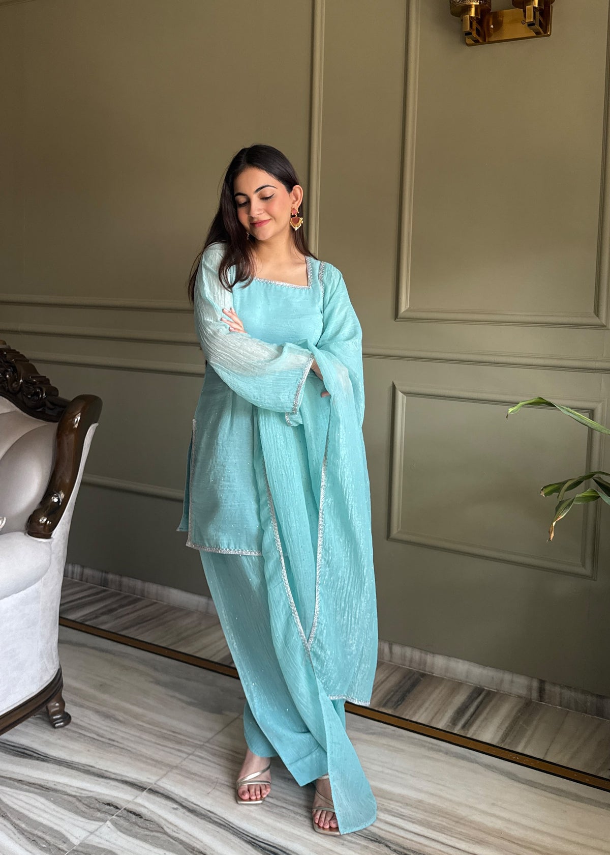 Sunita Blue Crunchy Silk Embellished Salwar Suit Set