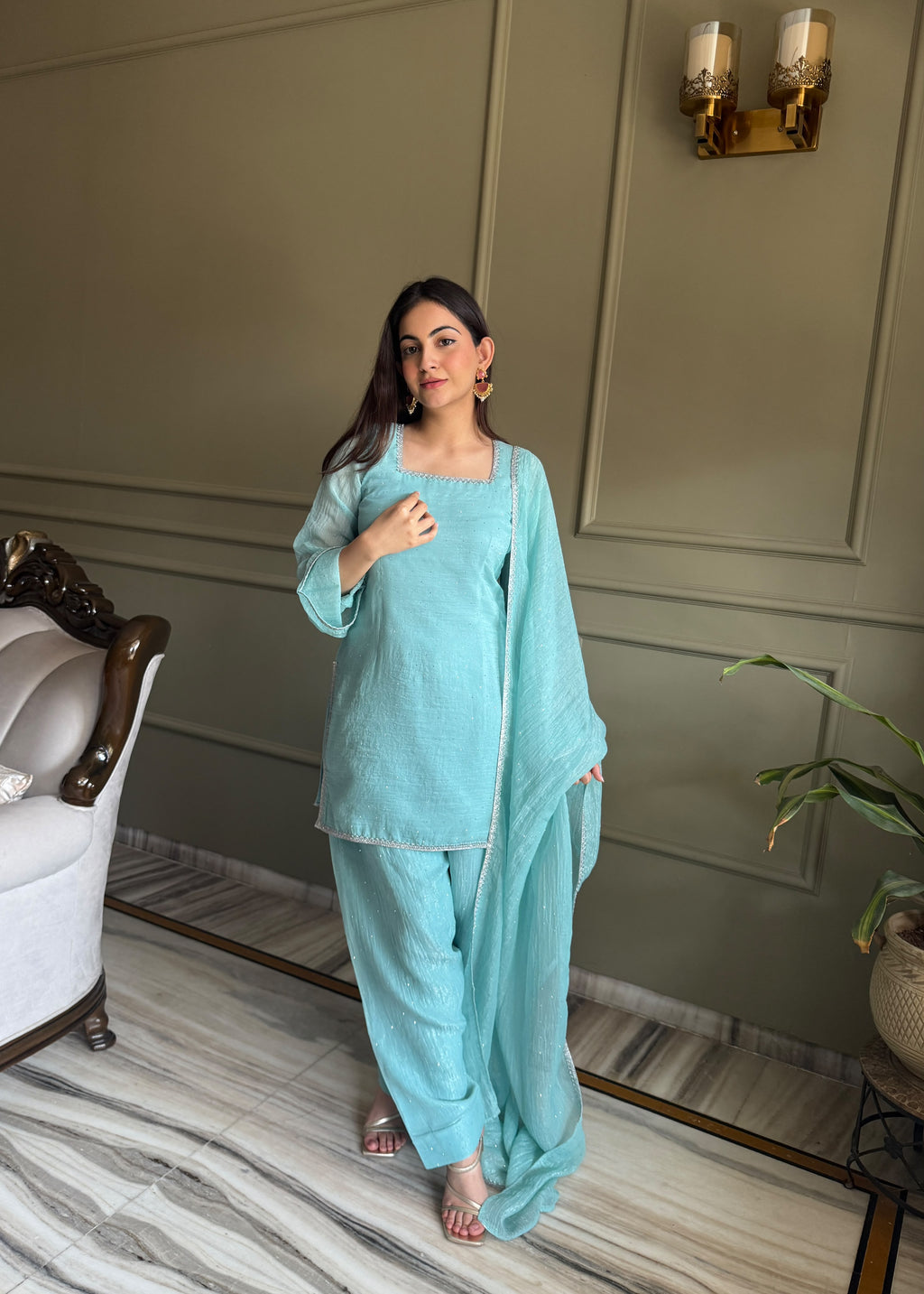 Sunita Blue Crunchy Silk Embellished Salwar Suit Set