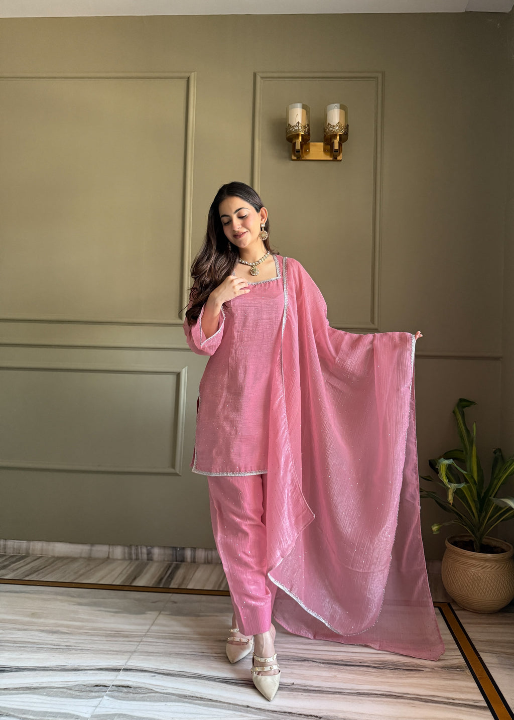 Sunita Pink Crunchy Silk Embellished Salwar Suit Set