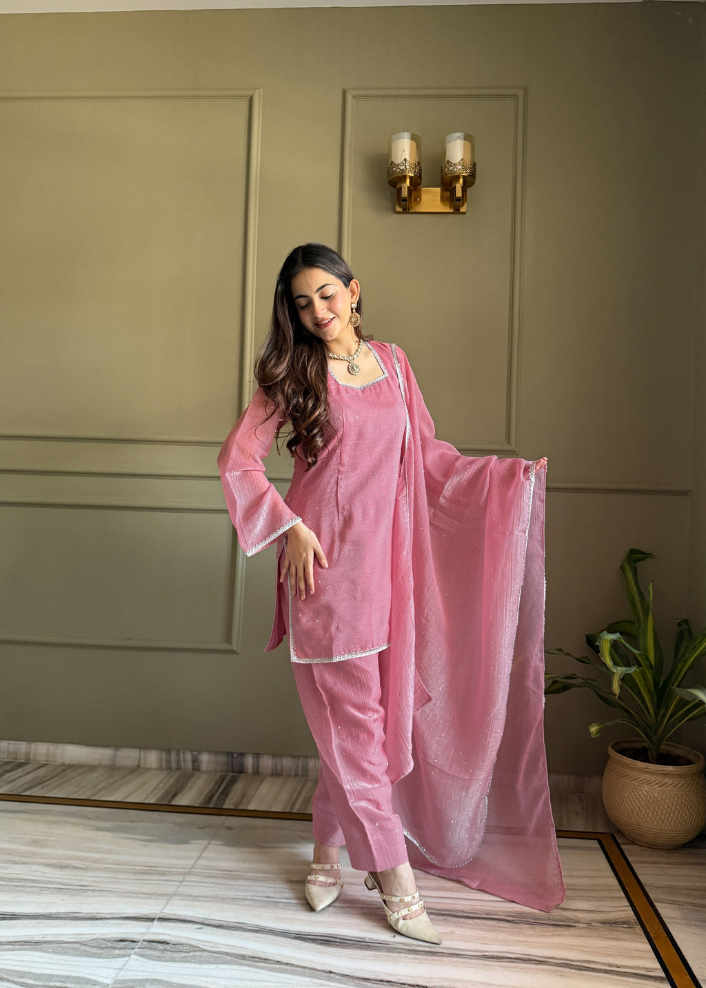 Sunita Pink Crunchy Silk Embellished Salwar Suit Set