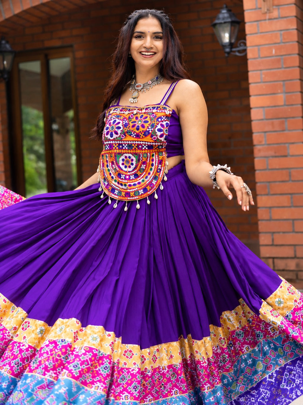 Rangat Purple Navratri Lehenga with Kutchhi Work Mirror Embroidered Top