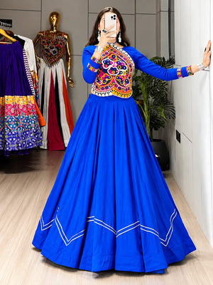 Star Royal Blue Cotton Lehenga with Kutchhi Mirror Work Blouse