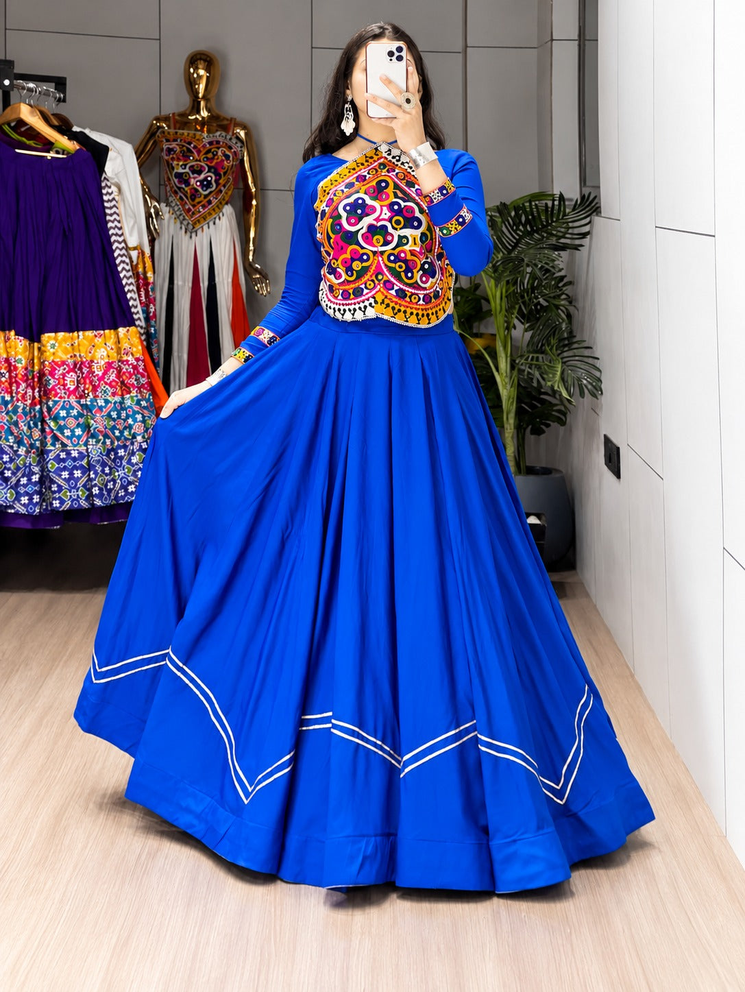 Star Royal Blue Cotton Lehenga with Kutchhi Mirror Work Blouse