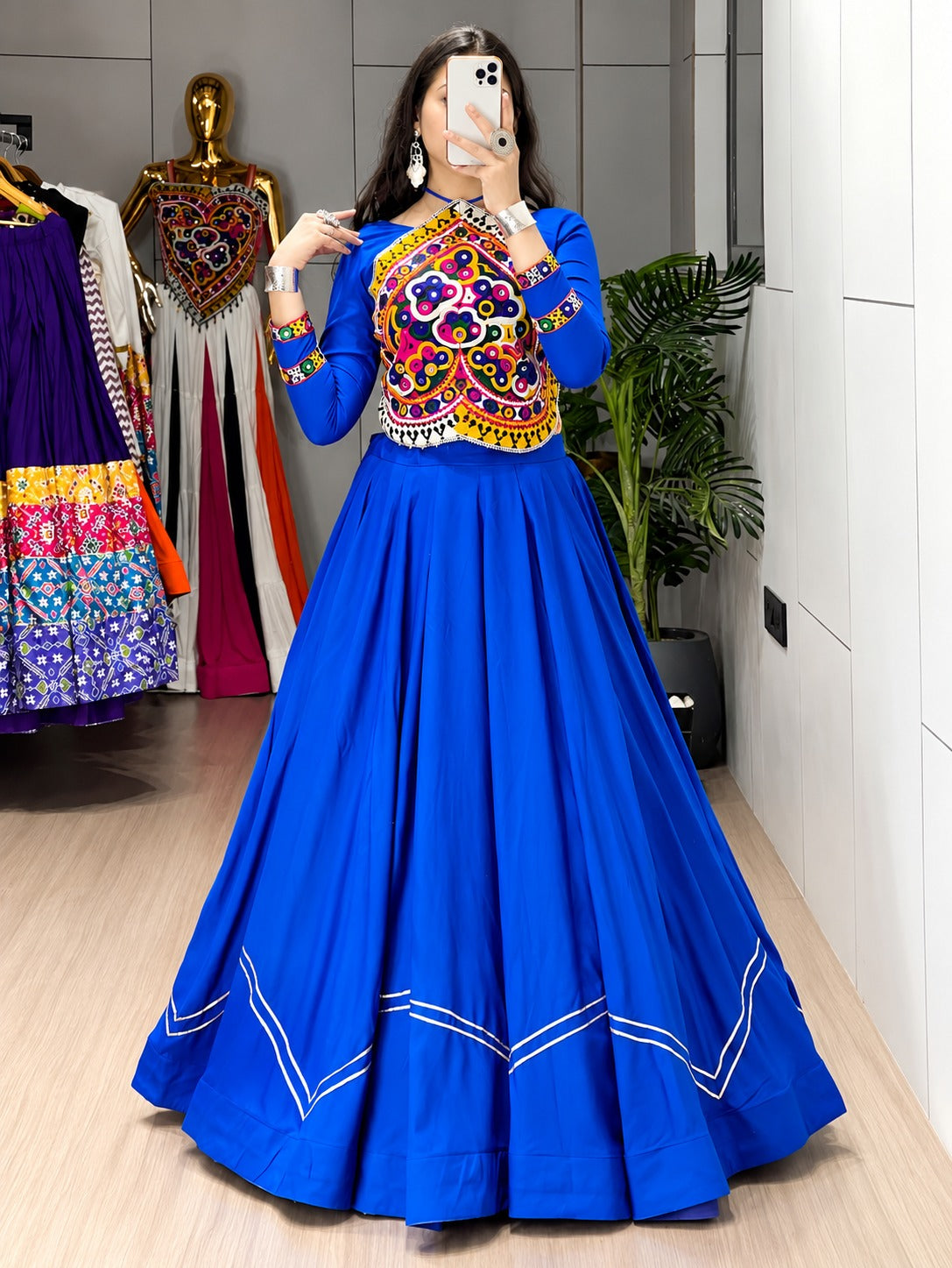 Star Royal Blue Cotton Lehenga with Kutchhi Mirror Work Blouse