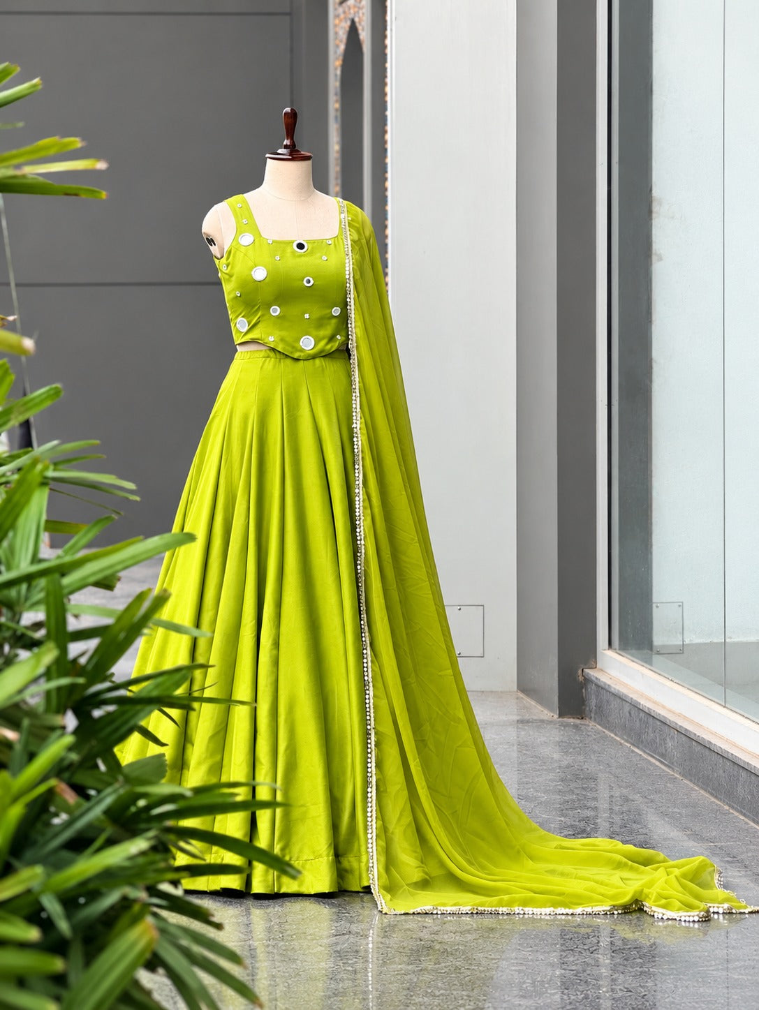 Parita Green Rayon Cotton Mirror Work Lehenga Choli Set