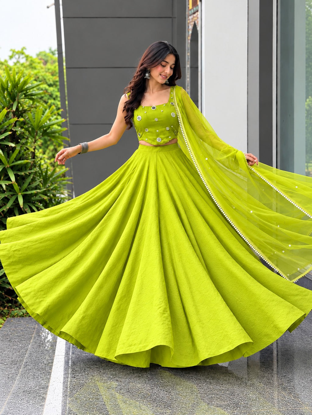 Parita Green Rayon Cotton Mirror Work Lehenga Choli Set