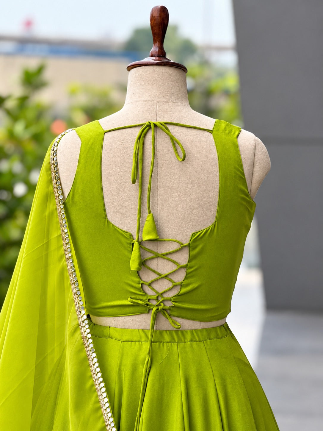 Parita Green Rayon Cotton Mirror Work Lehenga Choli Set