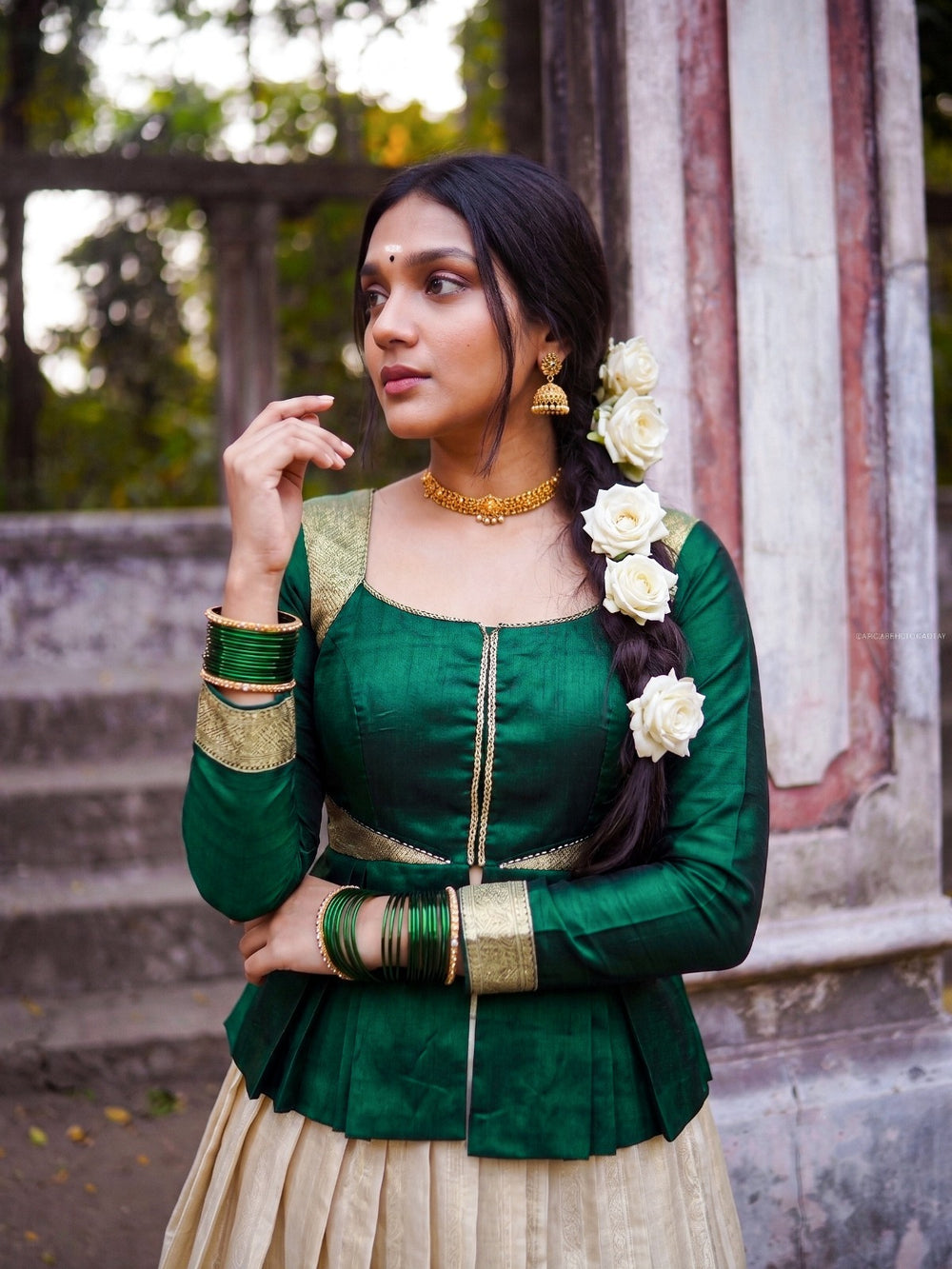 Trisha Green Kanchipuram Lehenga Set with Zari Border