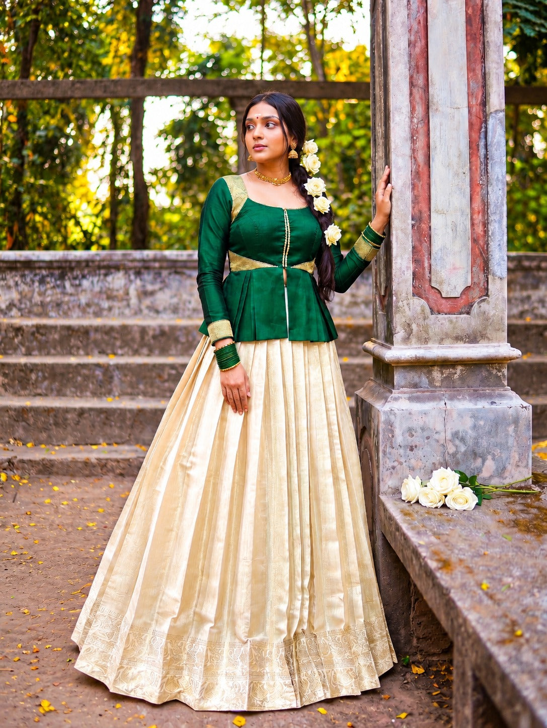 Trisha Green Kanchipuram Lehenga Set with Zari Border