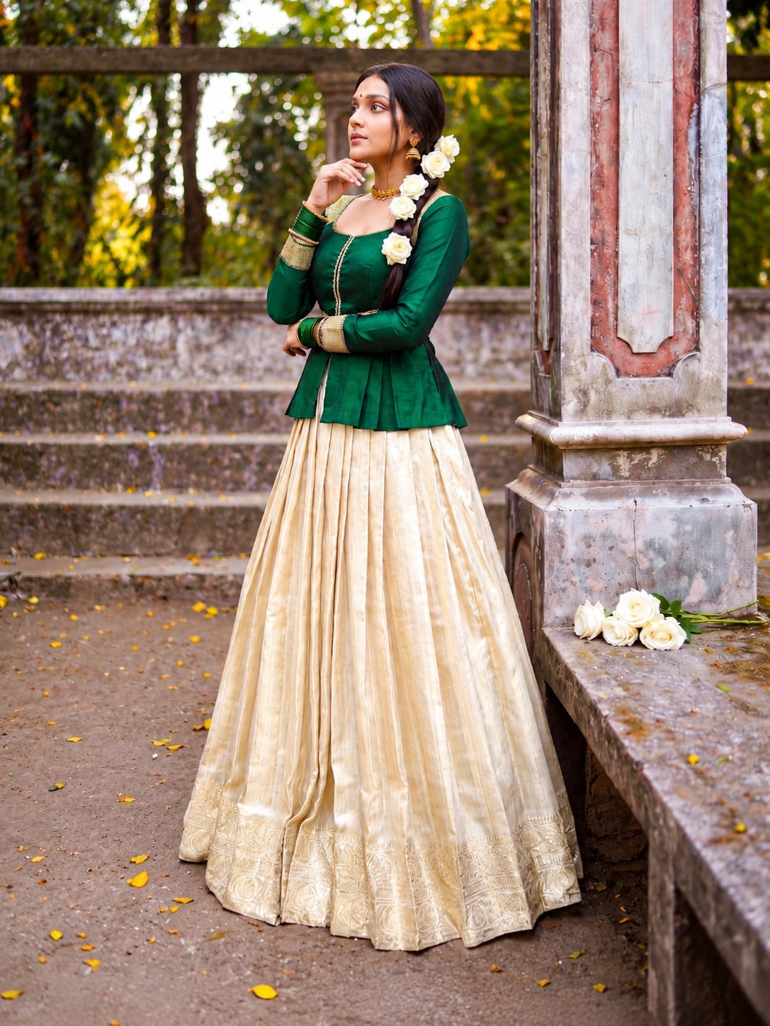 Trisha Green Kanchipuram Lehenga Set with Zari Border