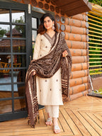 Ishani Chikoo Khadi Cotton Embroidered Kurti Pant Dupatta Set