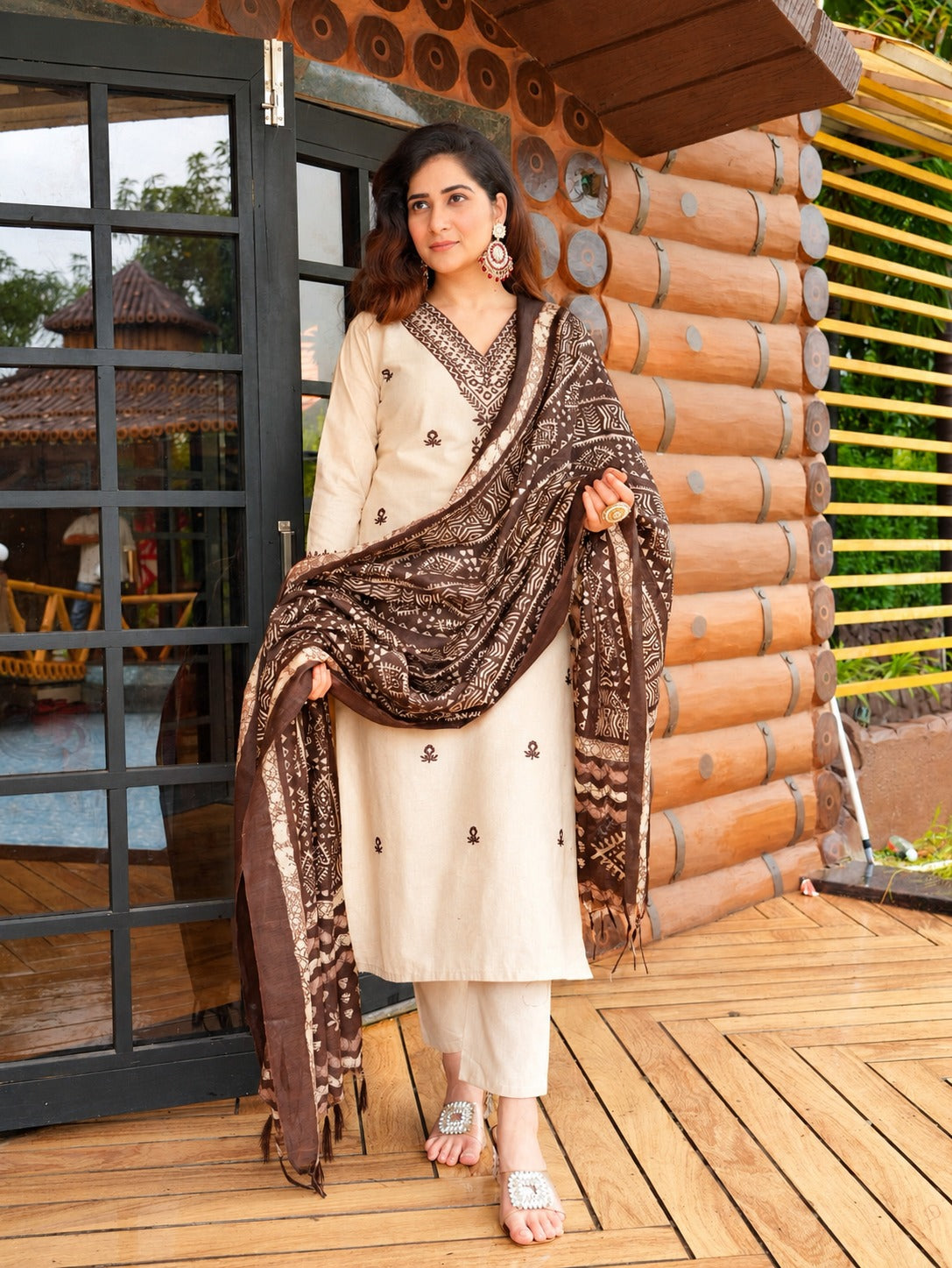 Ishani Chikoo Khadi Cotton Embroidered Kurti Pant Dupatta Set
