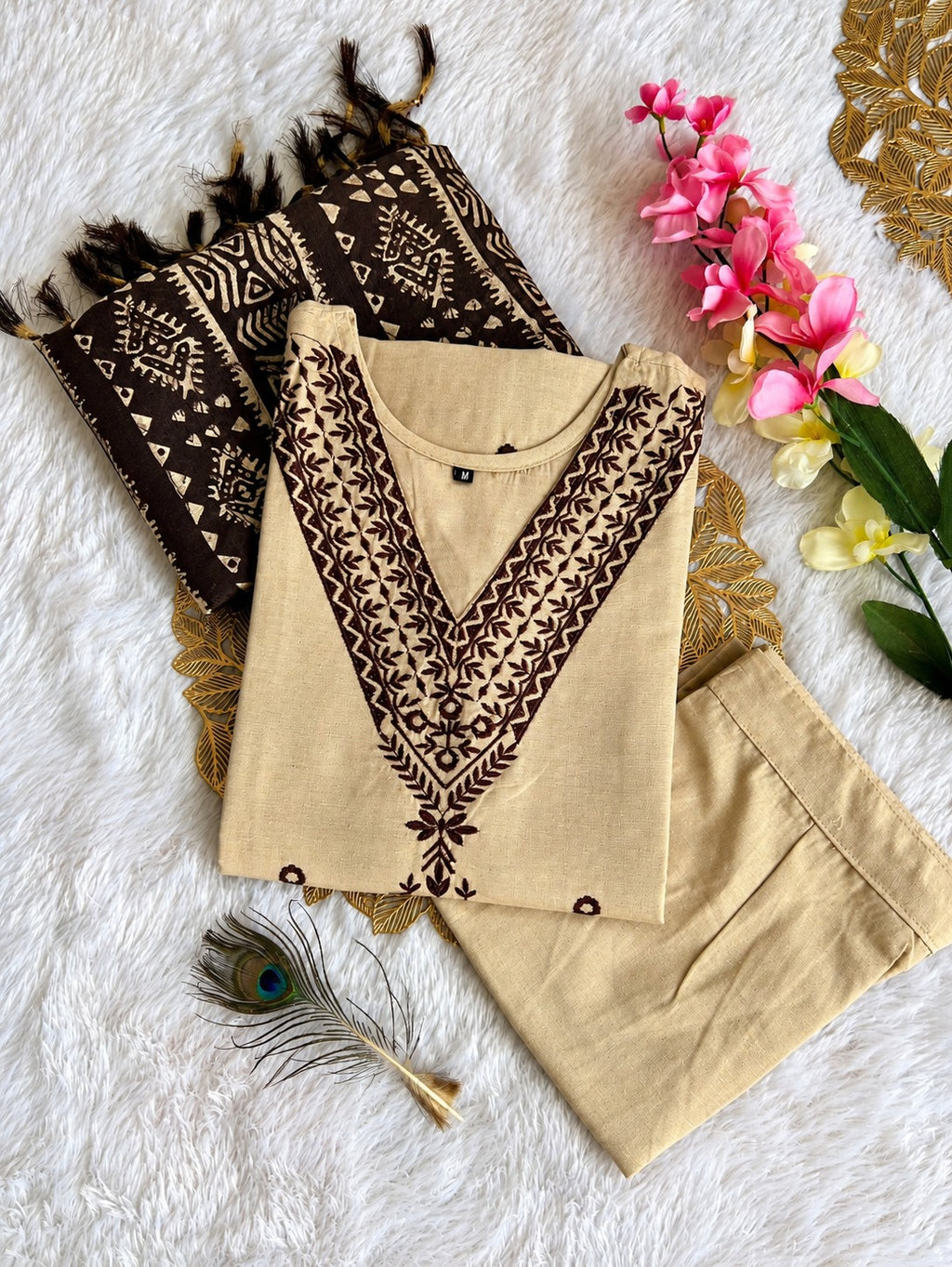 Ishani Chikoo Khadi Cotton Embroidered Kurti Pant Dupatta Set
