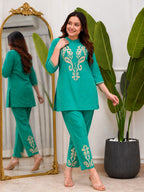 Rohi cyan Premium Cotton Embroidered Kurti Pant Set
