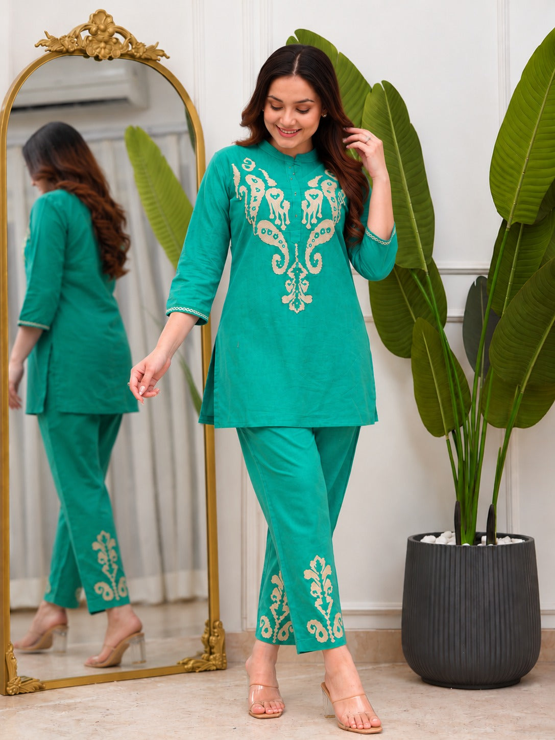 Rohi cyan Premium Cotton Embroidered Kurti Pant Set