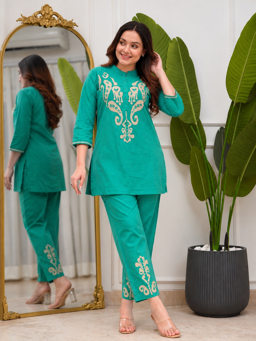 Rohi cyan Premium Cotton Embroidered Kurti Pant Set