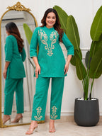 Rohi cyan Premium Cotton Embroidered Kurti Pant Set