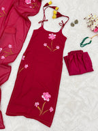 Pihu Magenta Floral Pink Georgette Kurta Pant Set with Dupatta