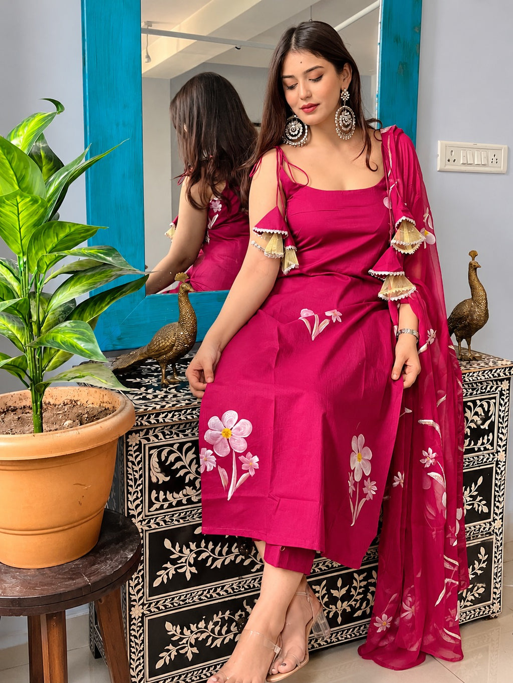 Pihu Magenta Floral Pink Georgette Kurta Pant Set with Dupatta