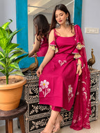 Pihu Magenta Floral Pink Georgette Kurta Pant Set with Dupatta