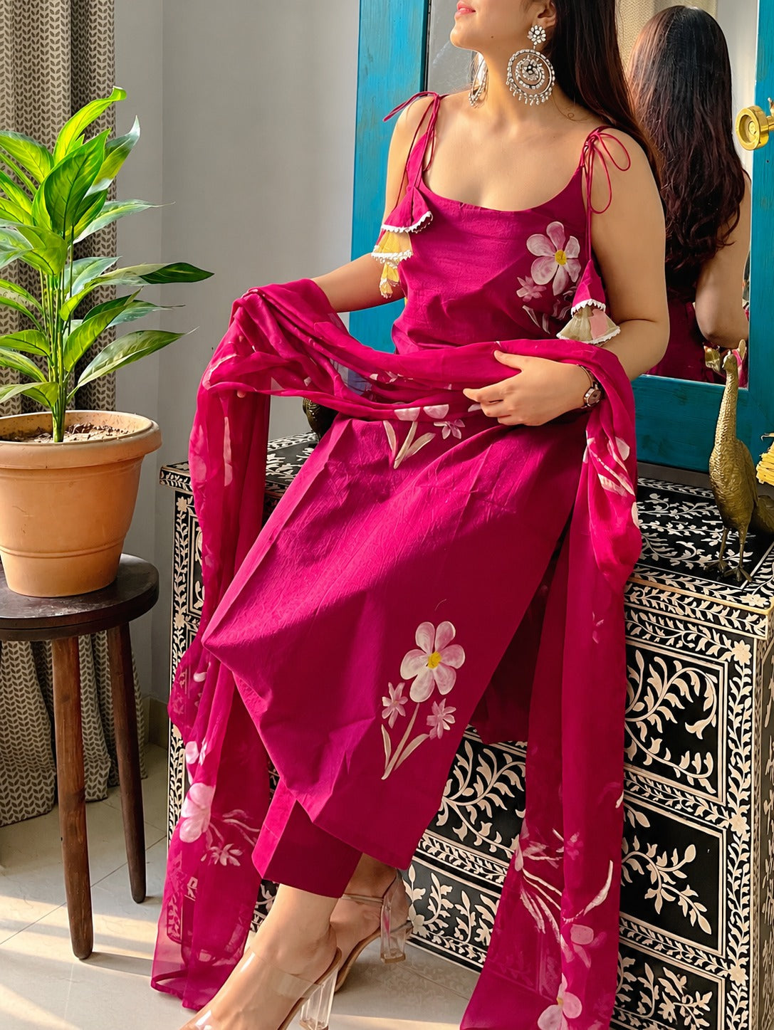 Pihu Magenta Floral Pink Georgette Kurta Pant Set with Dupatta