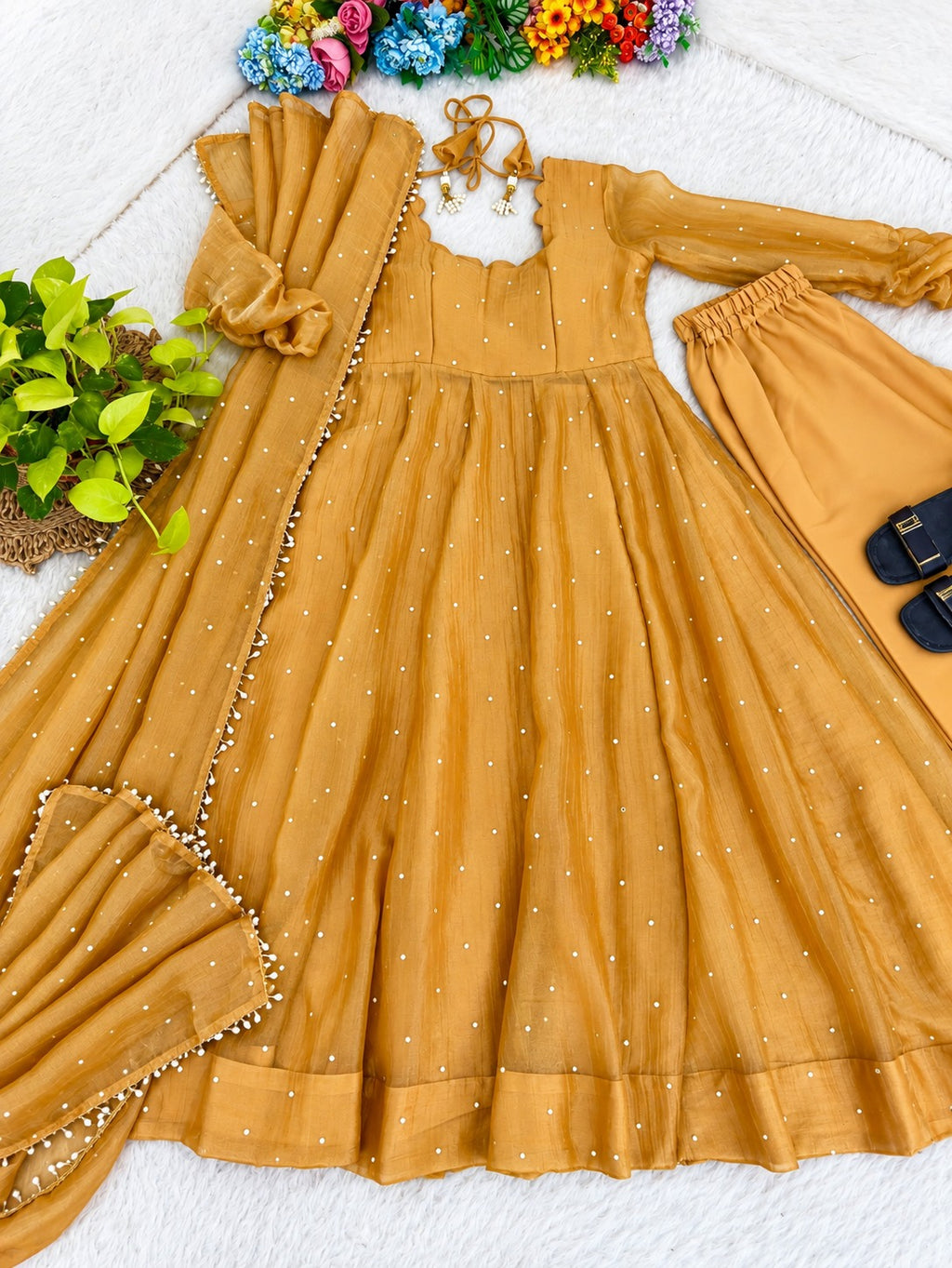Aarini Mustard Gold Foil Work Anarkali Gown Pant Set with Dupatta