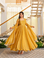 Aarini Mustard Gold Foil Work Anarkali Gown Pant Set with Dupatta
