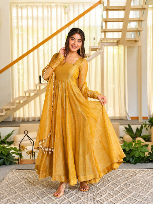 Aarini Mustard Gold Foil Work Anarkali Gown Pant Set with Dupatta