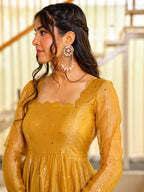 Aarini Mustard Gold Foil Work Anarkali Gown Pant Set with Dupatta