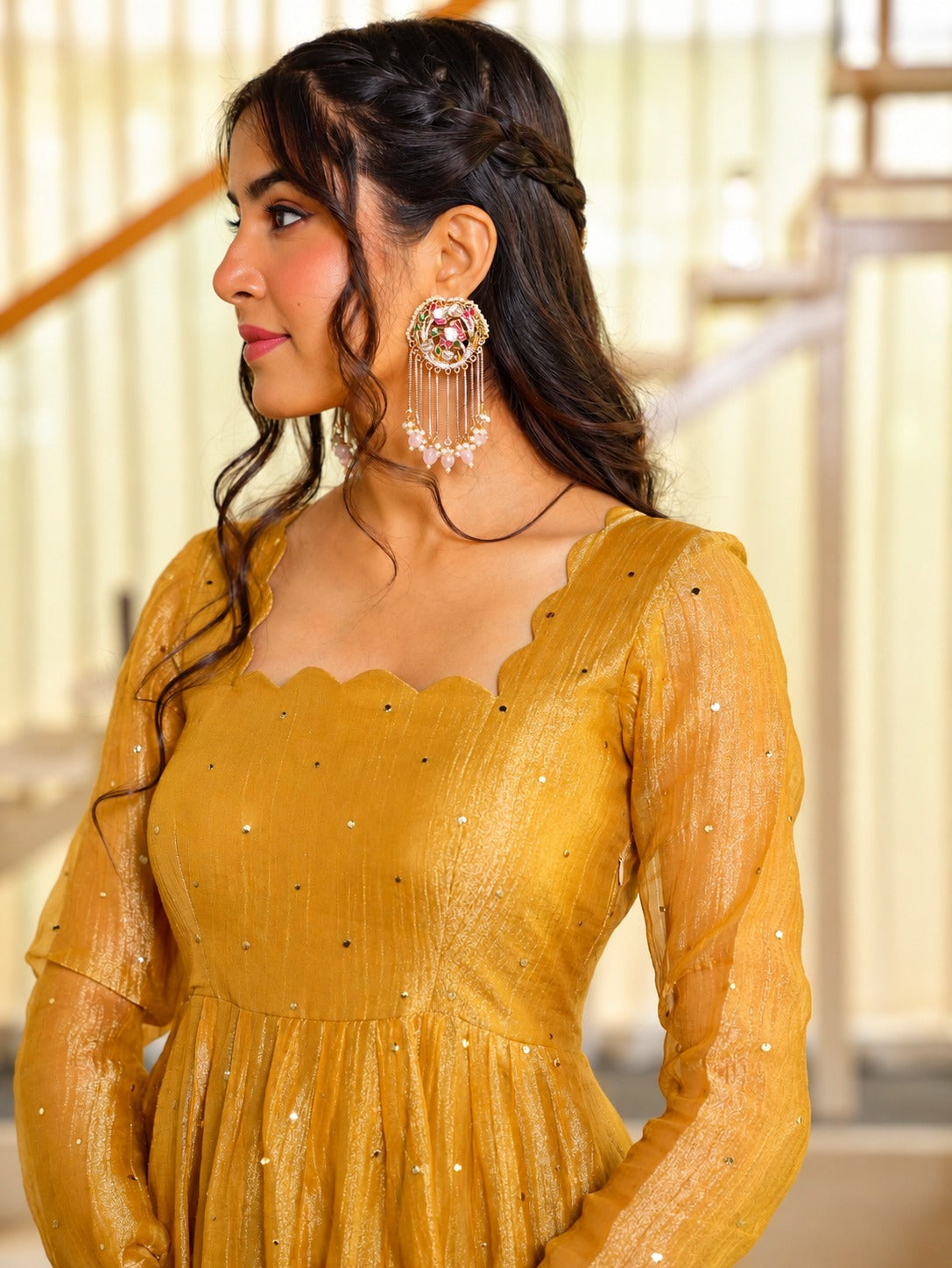Aarini Mustard Gold Foil Work Anarkali Gown Pant Set with Dupatta