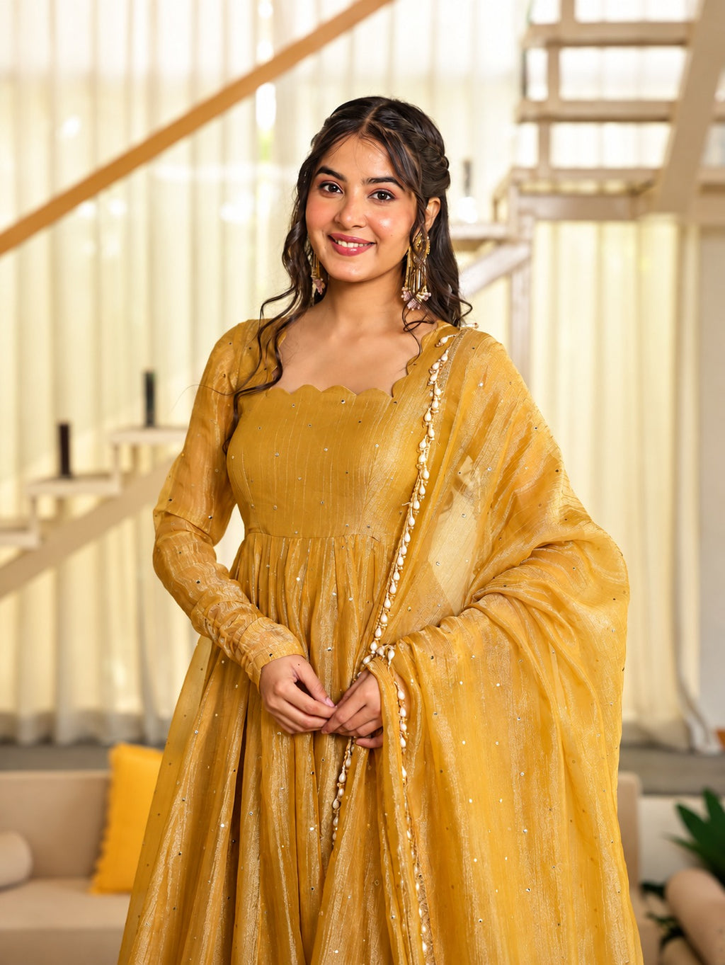 Aarini Mustard Gold Foil Work Anarkali Gown Pant Set with Dupatta