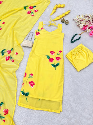 Pihu Magenta Floral yellow Georgette Kurta Pant Set with Dupatta