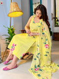 Pihu Magenta Floral yellow Georgette Kurta Pant Set with Dupatta