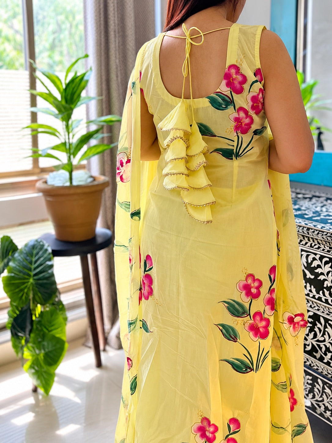 Pihu Magenta Floral yellow Georgette Kurta Pant Set with Dupatta