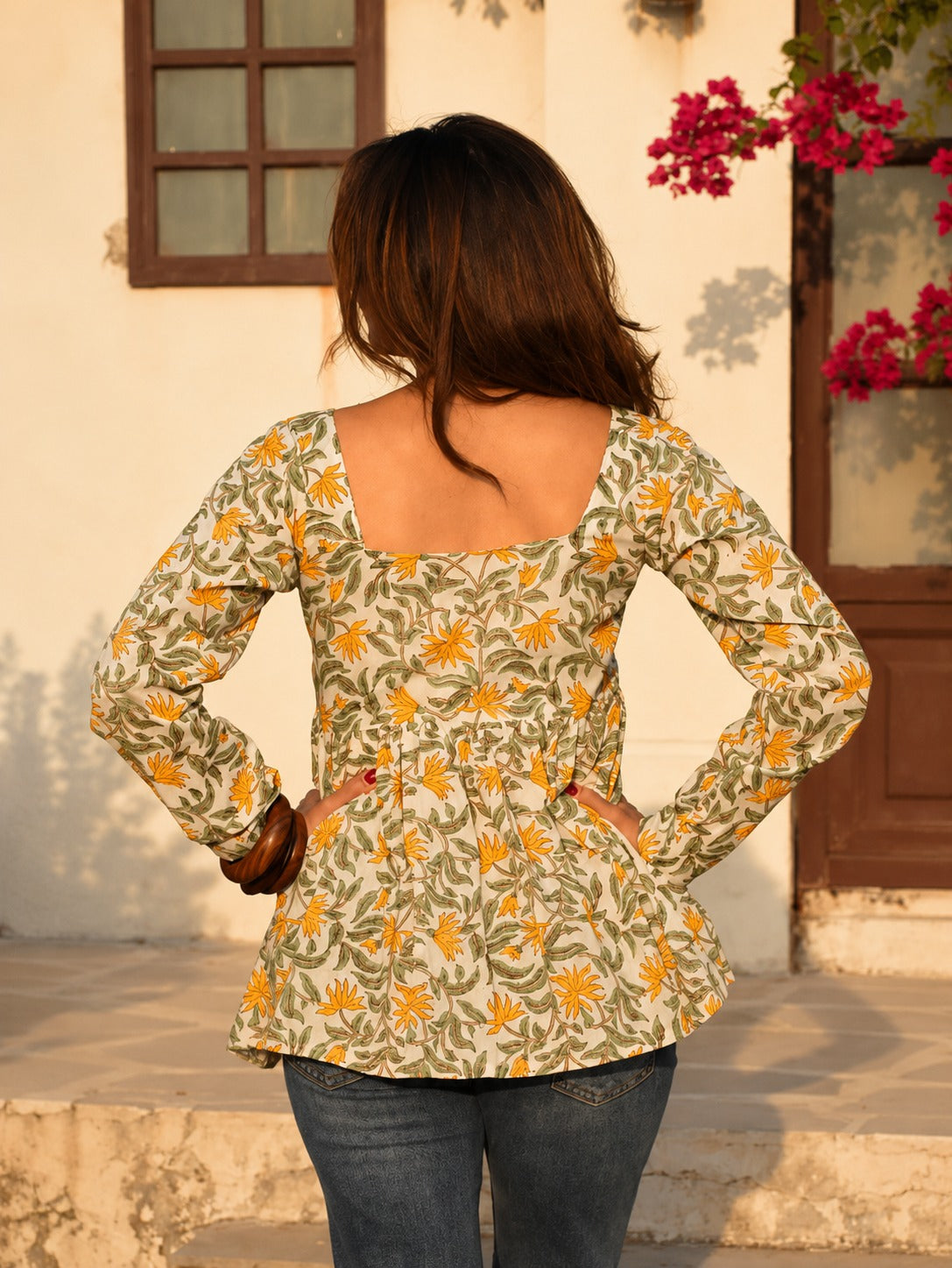 Golden Meadow Floral Flare Short Kurti