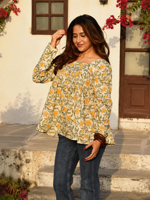 Golden Meadow Floral Flare Short Kurti