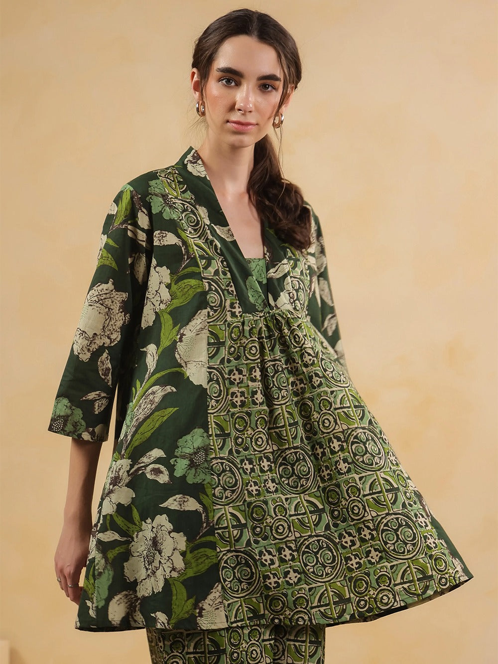 Olive Green Floral Overlay Kurta & Palazzo  Co-Ord Set