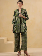 Olive Green Floral Overlay Kurta & Palazzo  Co-Ord Set
