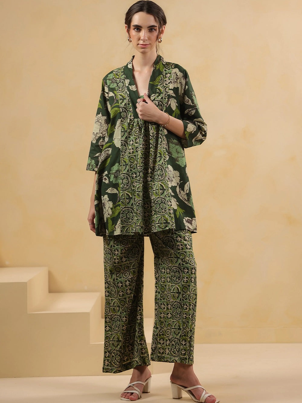 Olive Green Floral Overlay Kurta & Palazzo  Co-Ord Set