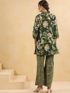 Olive Green Floral Overlay Kurta & Palazzo  Co-Ord Set