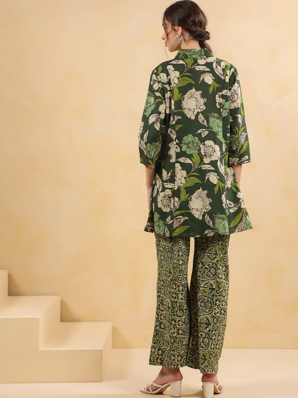 Olive Green Floral Overlay Kurta & Palazzo  Co-Ord Set