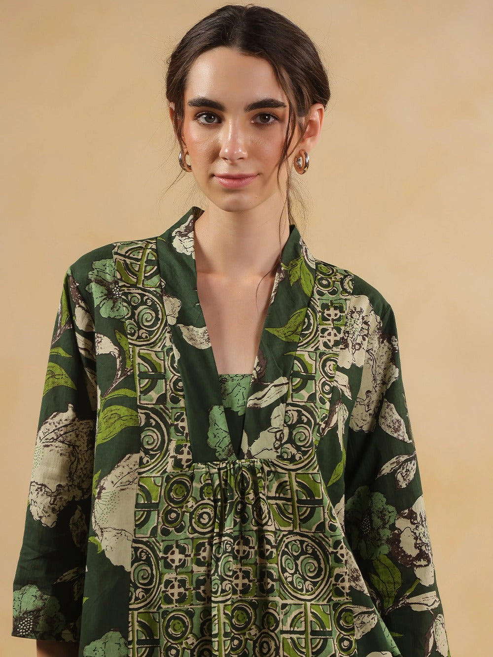 Olive Green Floral Overlay Kurta & Palazzo  Co-Ord Set