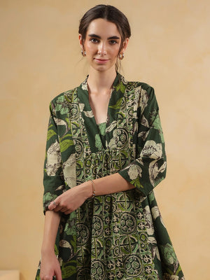Olive Green Floral Overlay Kurta & Palazzo  Co-Ord Set