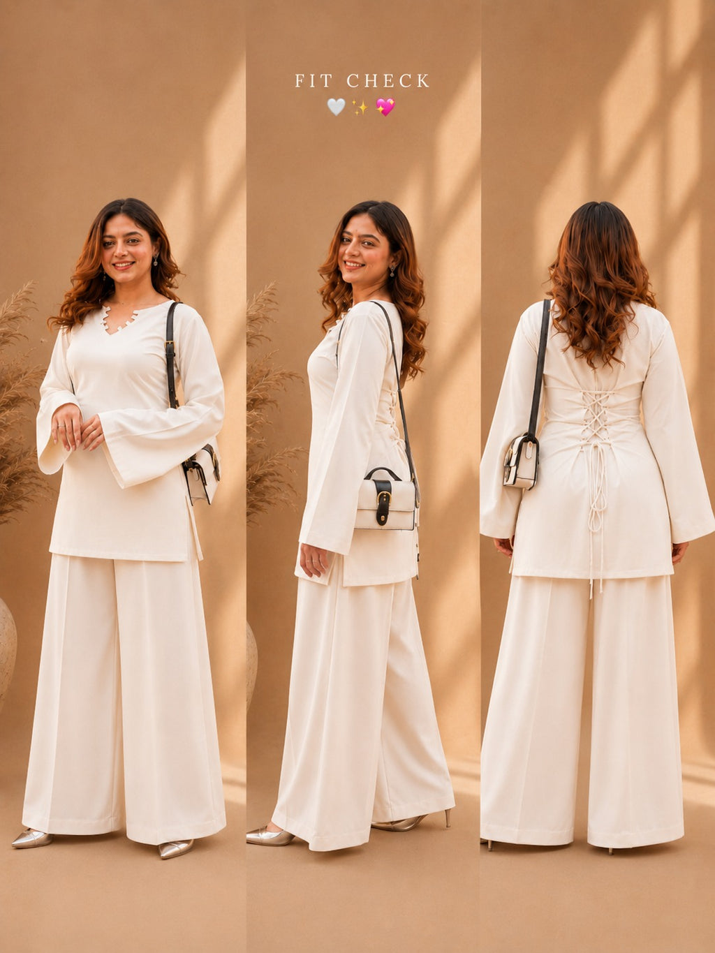 Misha Off White Lace-Up Back Bell Sleeve & Wide-Leg Pants Co-ord Set