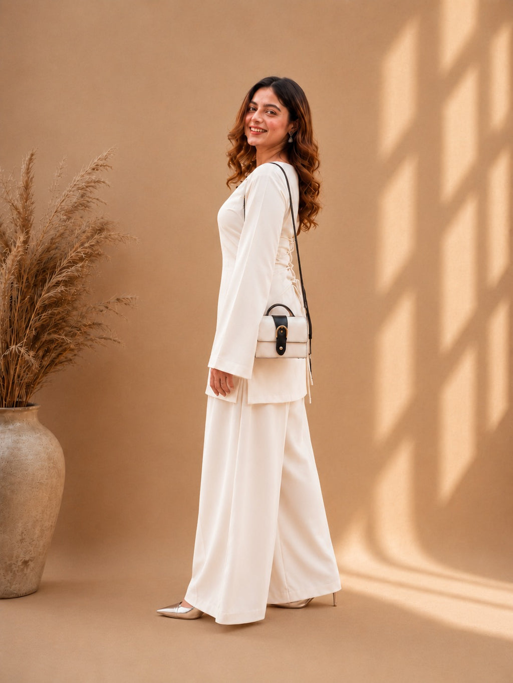 Misha Off White Lace-Up Back Bell Sleeve & Wide-Leg Pants Co-ord Set