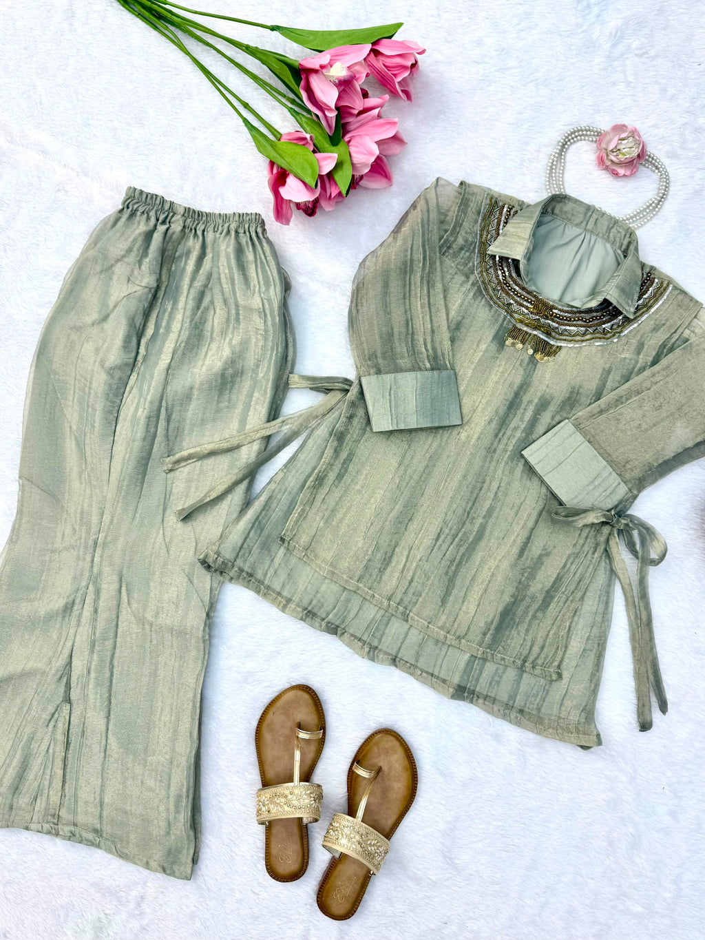 Grey Salsa Crushed Hand Work 3-Piece Co-Ord Set
