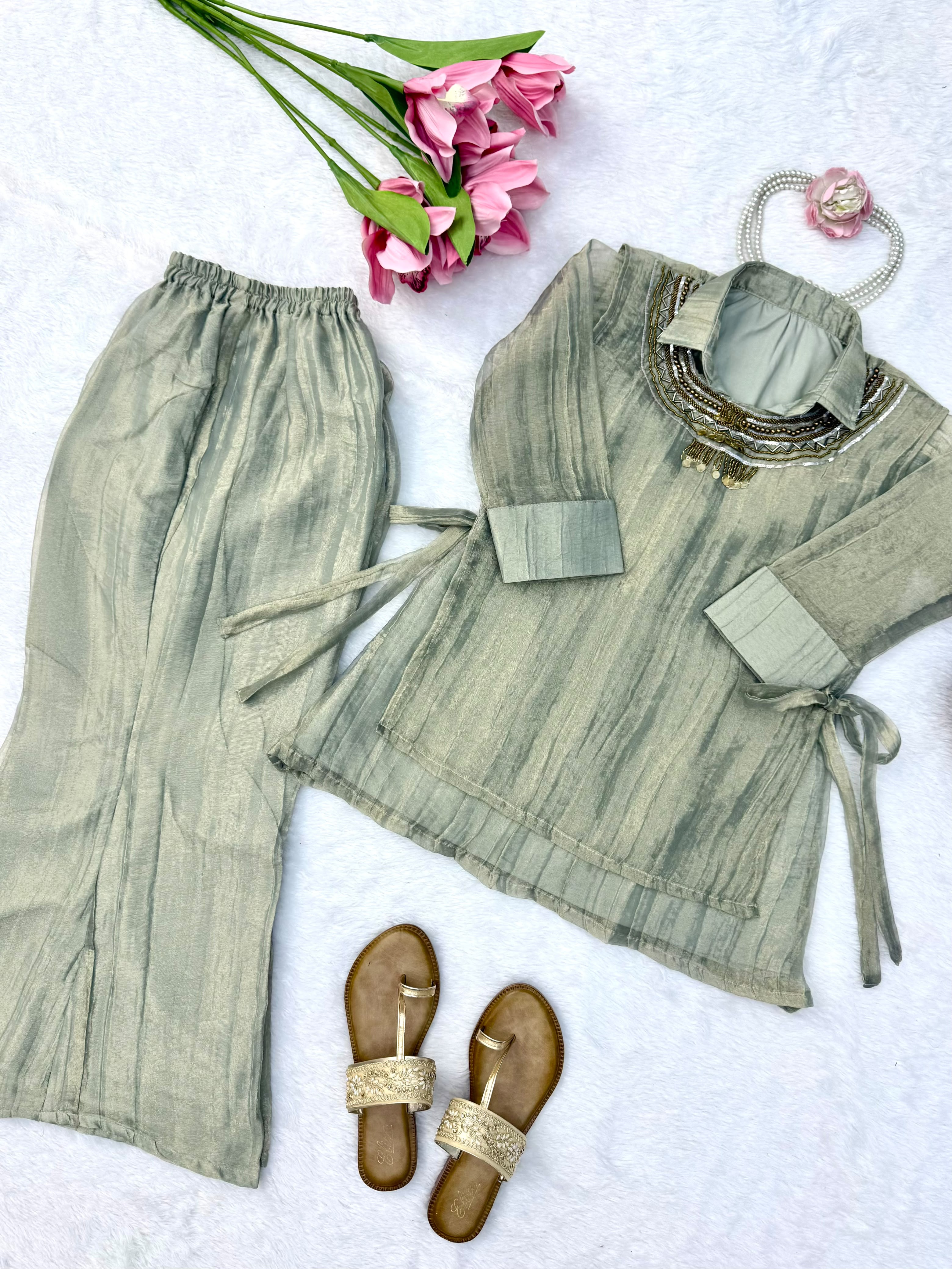 Grey Salsa Crushed Hand Work 3-Piece Co-Ord Set