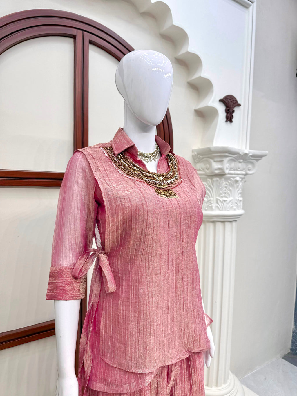 Pink Salsa Crushed Hand Work 3-Piece Co-Ord Set