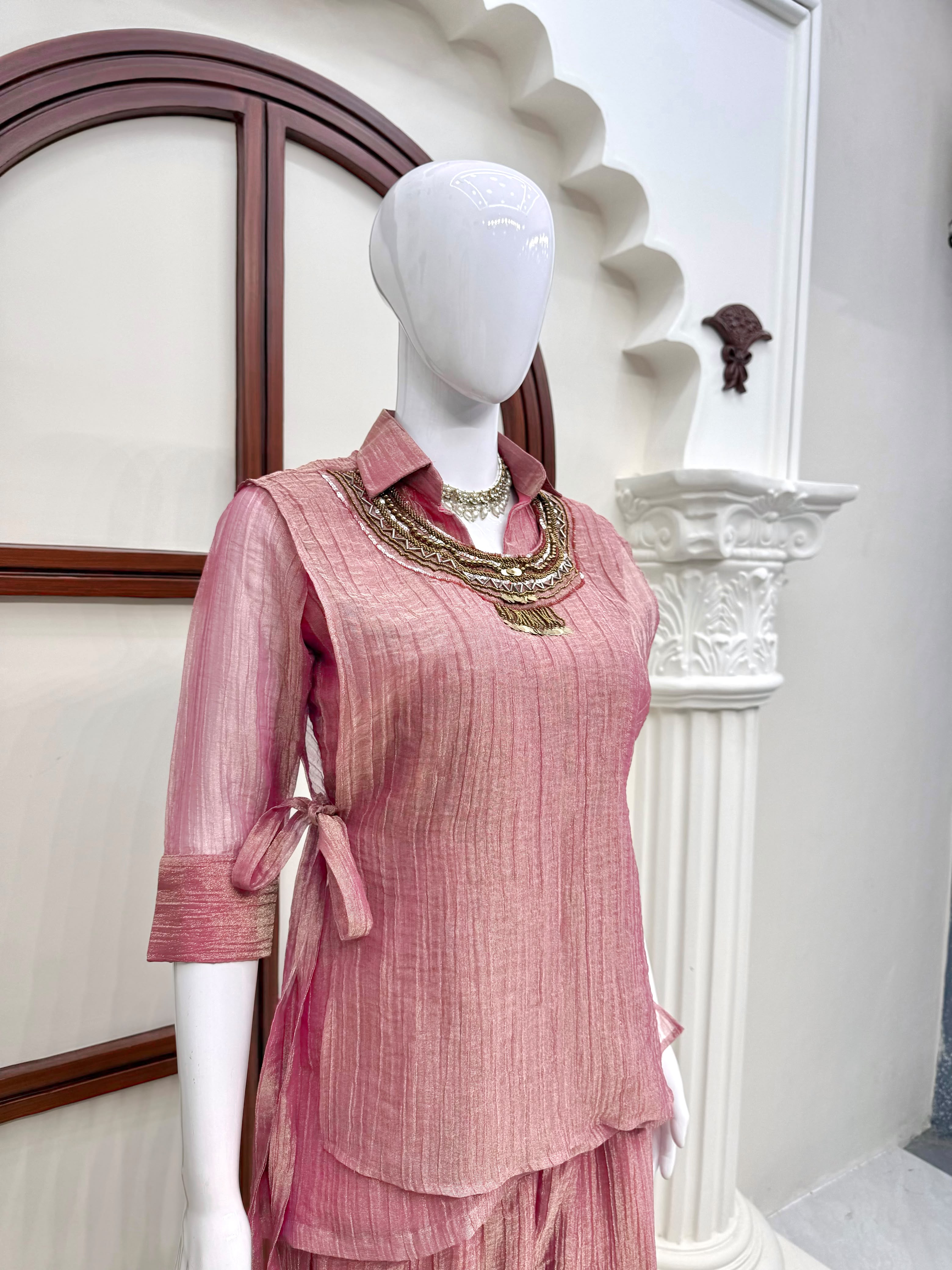 Pink Salsa Crushed Hand Work 3-Piece Co-Ord Set
